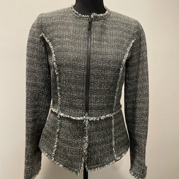 W by Worth Jackets & Blazers - W by Worth Cypress Gray Tweed Peplum Grommet Jacket Size2 Tailored Frayed Fringe